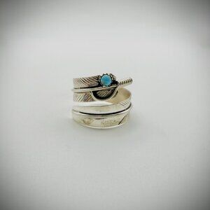 Sterling Silver Turquoise Feather Bypass Ring Artist Signed AD